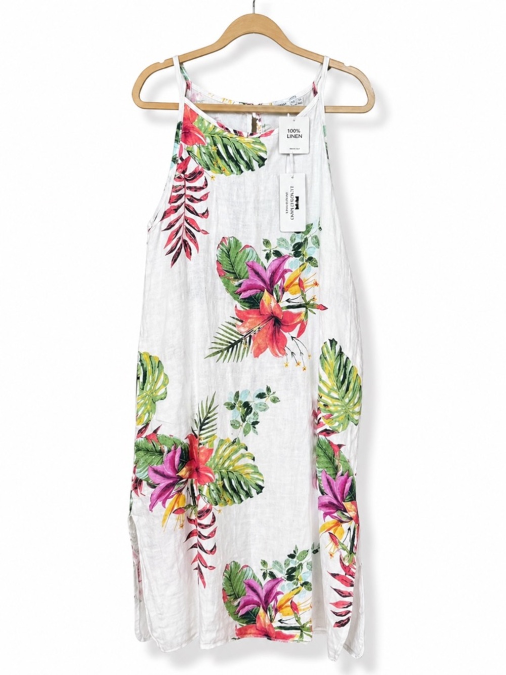 Italian Linen Shift Midi Dress White Floral Resort Chic Minimalist S NWT